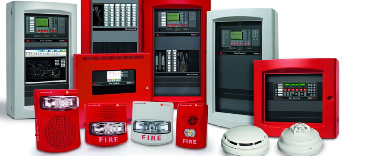 A fire alarm system on a wall.